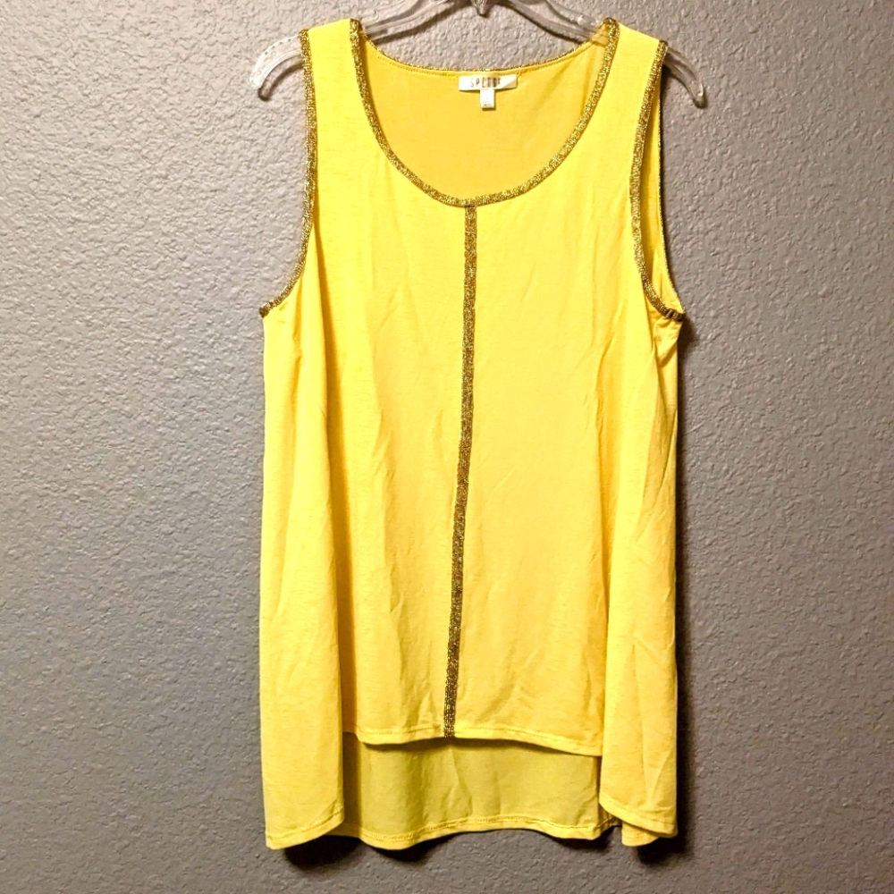 Spence Sleeveless Yellow Top Gold Embellishments Hi Low Sz. XL